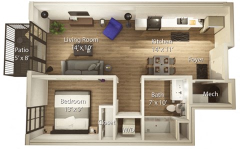 Floor plan for 1 bed, 1 bath, 658 sqft